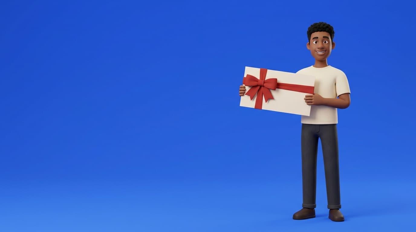 A business owner holding up a gift voucher
