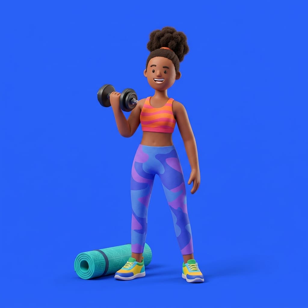 A woman lifting a dumbbell beside a yoga mat