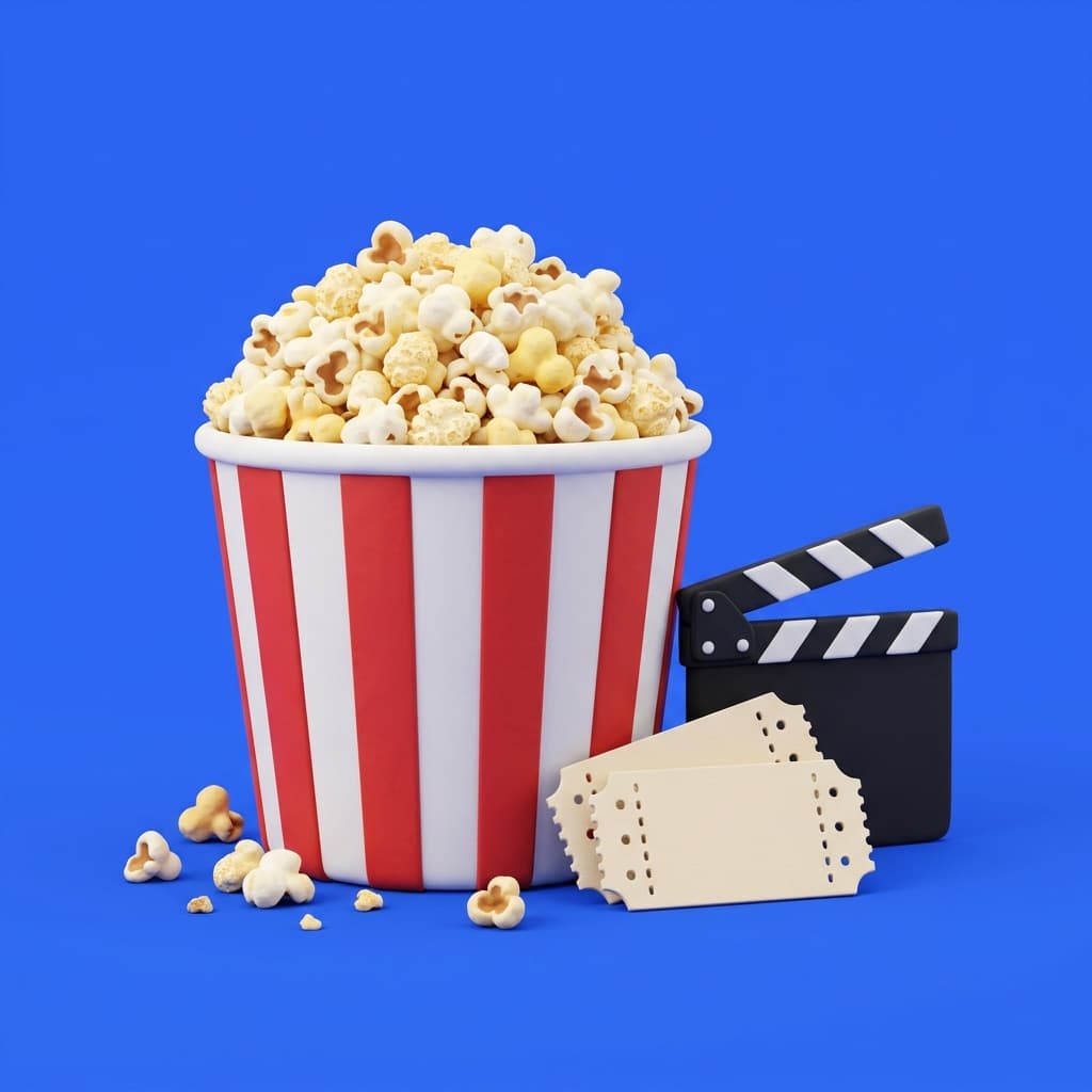 A bucket of popcorn with cinema tickets and a clapperboard