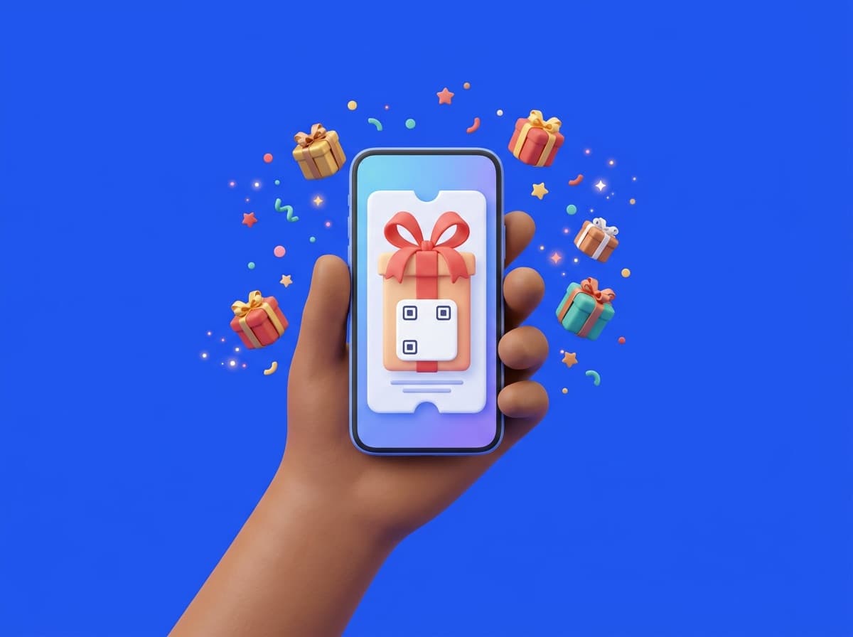 A hand holding a phone showing a gift voucher, surrounded by presents