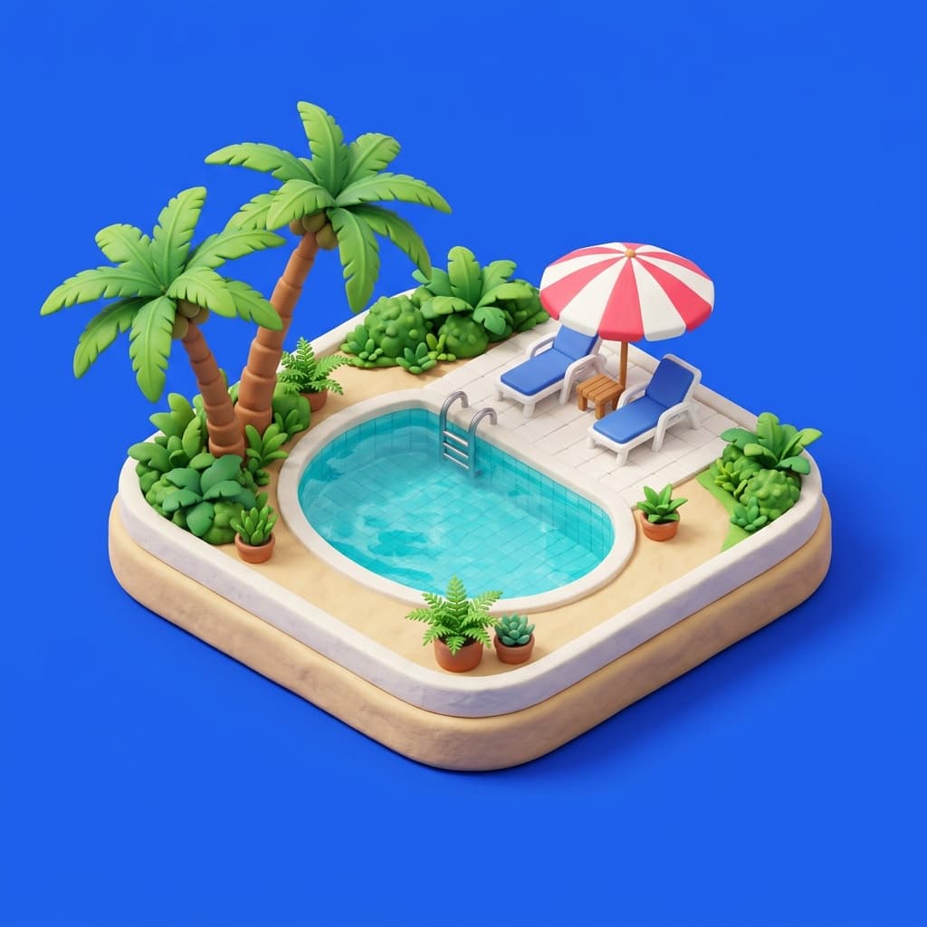 A small resort with a pool, sun loungers and palm trees