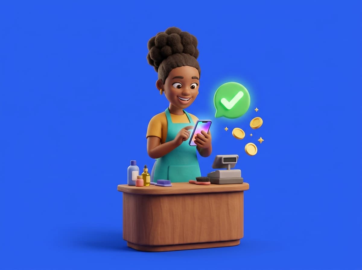 A salon owner smiling at a payment confirmation on her phone