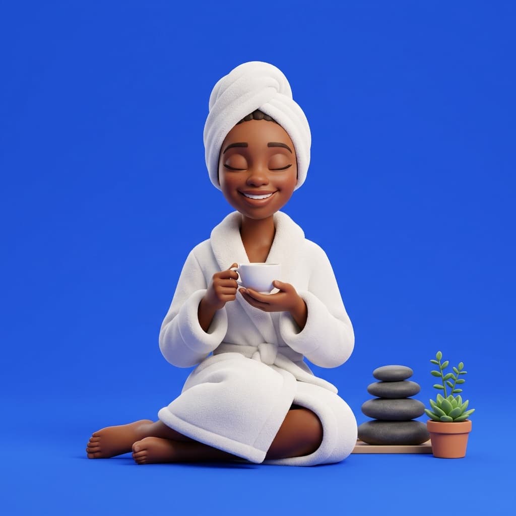A woman in a spa robe relaxing with a cup of tea